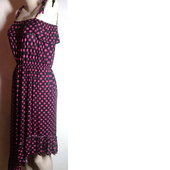 Black With Red Polka Dots Asymmetrical Hem Dress S - Picture 3 of 6